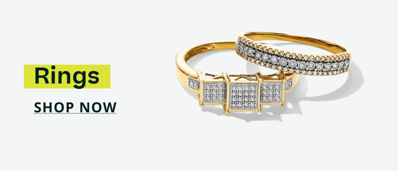 Two gold bands with diamonds, one featuring a triple-square cluster design. Rings. Click here to shop now