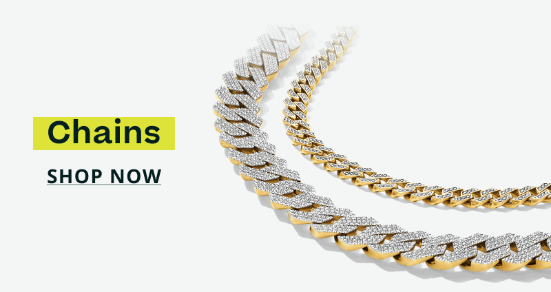 Two thick, Cuban link chains with encrusted diamond details. Chains. Click here to shop now