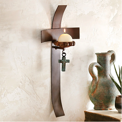 Curved Cross Candle Holder with Cross Accent And Candle