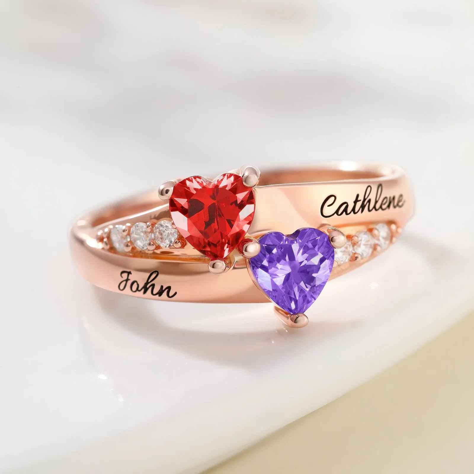 Double Heart Birthstone Ring