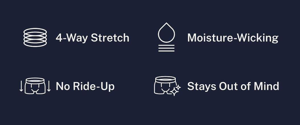 4-Way Stretch. Moisture-Wicking. No Ride-Up. Stays Out of Mind.