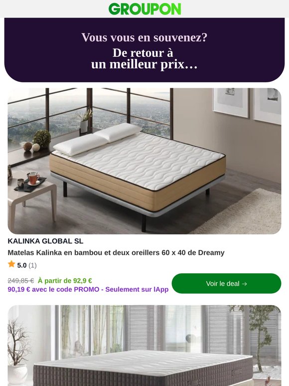 Matelas Kalinka en bambou et deux oreillers 60 x 40 de Dreamy est maintenant moins cher! Découvrez-le.