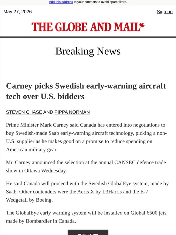Breaking News: Carney picks Swedish early-warning aircraft tech over U.S. bidders
