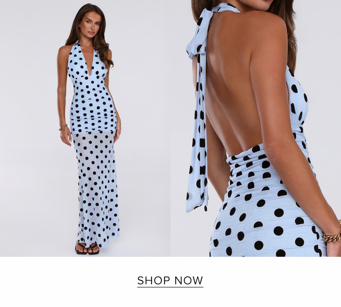 Dancefloor Diaries Halter Polka Dot Maxi Dress Blue