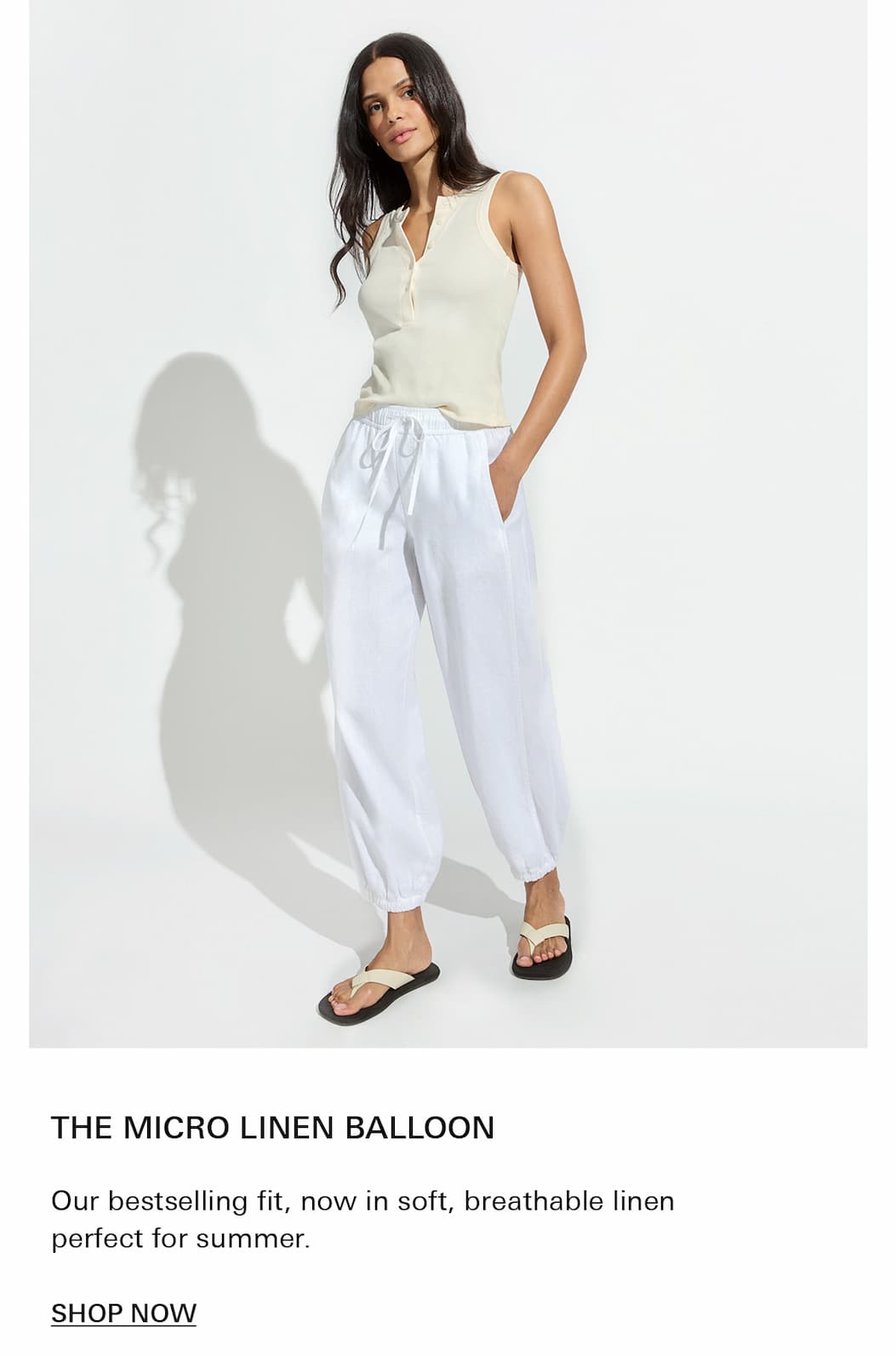 Women wearing friday ribbed tank in collagen and white micro linen balloon pant