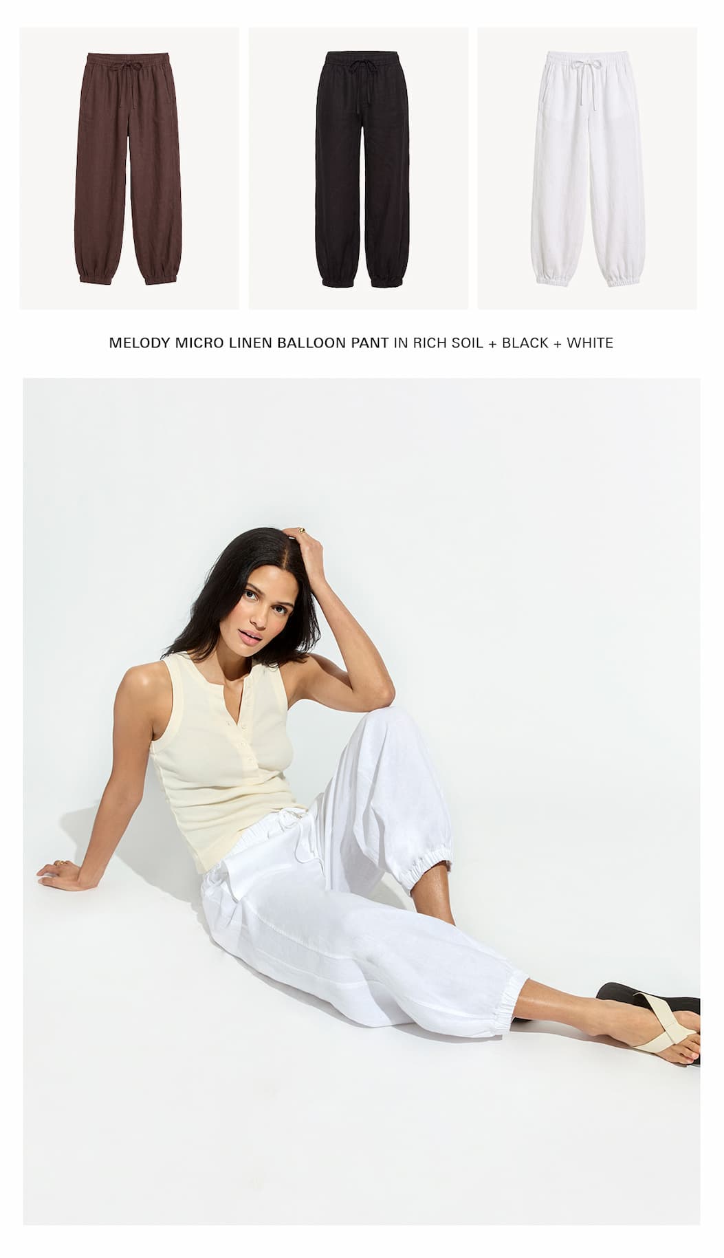 flat images of micro linen pant in 3 colors: rich soil, black, and white