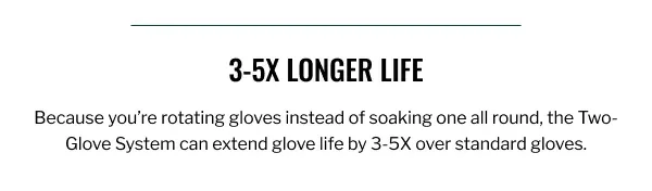 3-5x Longer Life. Because you're rorating glvoes instead of soaking one all round, the 2-Glove System can extend a glove life by 3-5X over standard gloves.