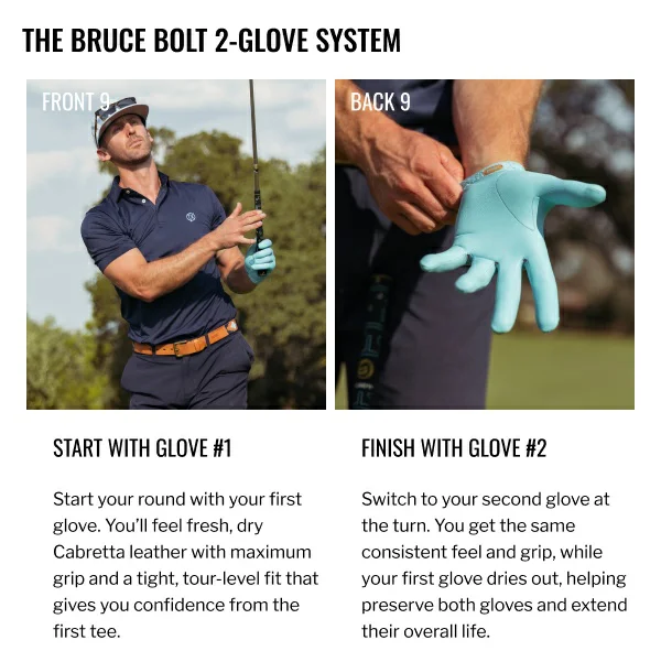 The bruce bolt 2 glove system. Start with Glove #1. Start your round with your first glove. You'll feel fresh, dry Cabretta leather with maximum grip and a tight tour-level fit that gives you confidence from the first tee. Finish with glove #2. Switch to your second glove at the turn. You get the same consistent feel and grip, while your first glove dries out, helping preseve both gloves and extend their overall life.