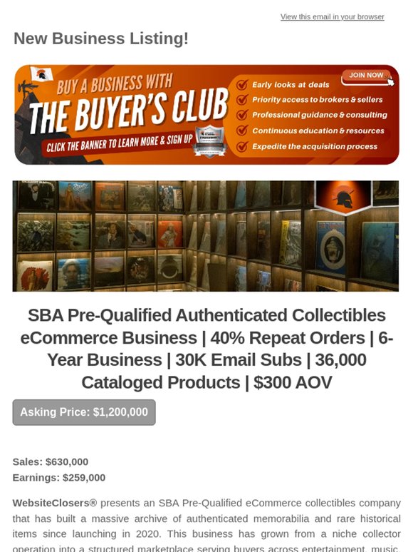 New Deal Alert: SBA Pre-Qualified Authenticated Collectibles eCommerce Business | 40% Repeat Orders | 6-Year Business | 30K Email Subs