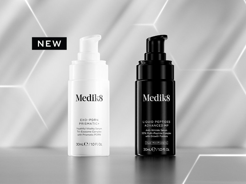 Medik8 Exo-PDRN Prismatic+ Youthful Vitality Serum shown beside Liquid Peptides Advanced MP serum with a ‘NEW’ label on a soft grey background.