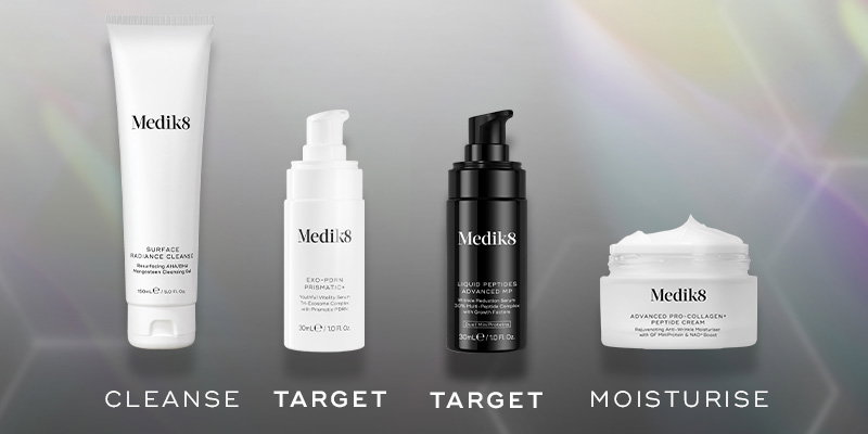 Medik8 four-step skincare regimen: Cleanse with Surface Radiance Cleanser, Target with Exo-PRDN Prismatic+ and Liquid Peptides Advanced MP, and Moisturise with Advanced Pro-Collagen+ Peptide Cream.