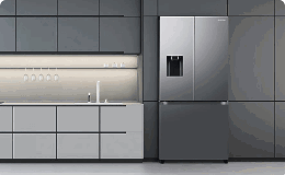 a fridge freezer in a kitchen 