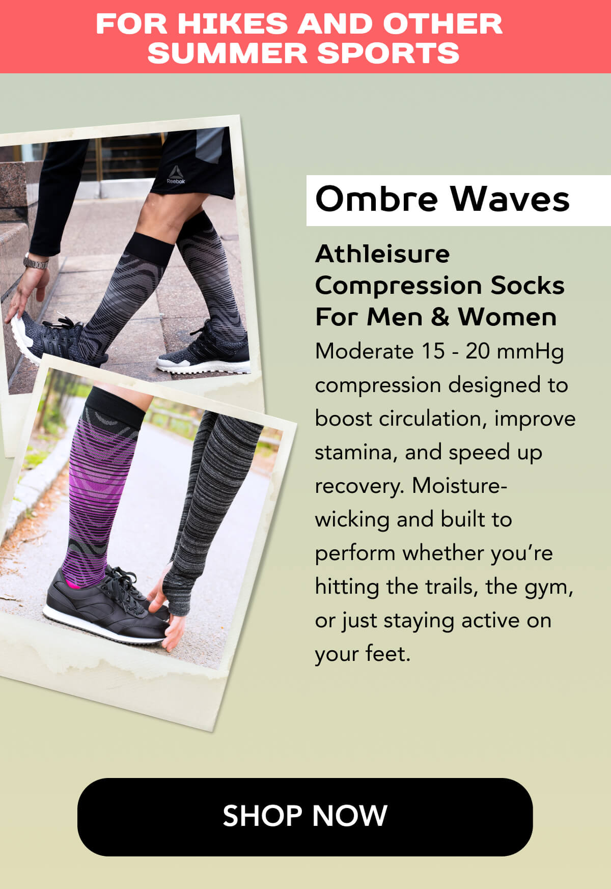 For Hikes And Other Summer Sports  Ombre Waves | Athleisure Compression Socks For Men & Women   Moderate 15 - 20 mmHg compression designed to boost circulation, improve stamina, and speed up recovery. Moisture-wicking and built to perform whether you’re hitting the trails, the gym, or just staying active on your feet.