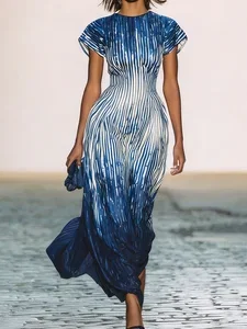 Image of Elegant Striped Crew Neck Maxi Dress