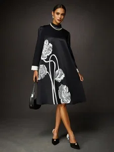 Image of Elegant Loose Stand Collar Long Sleeve Floral Midi Dress