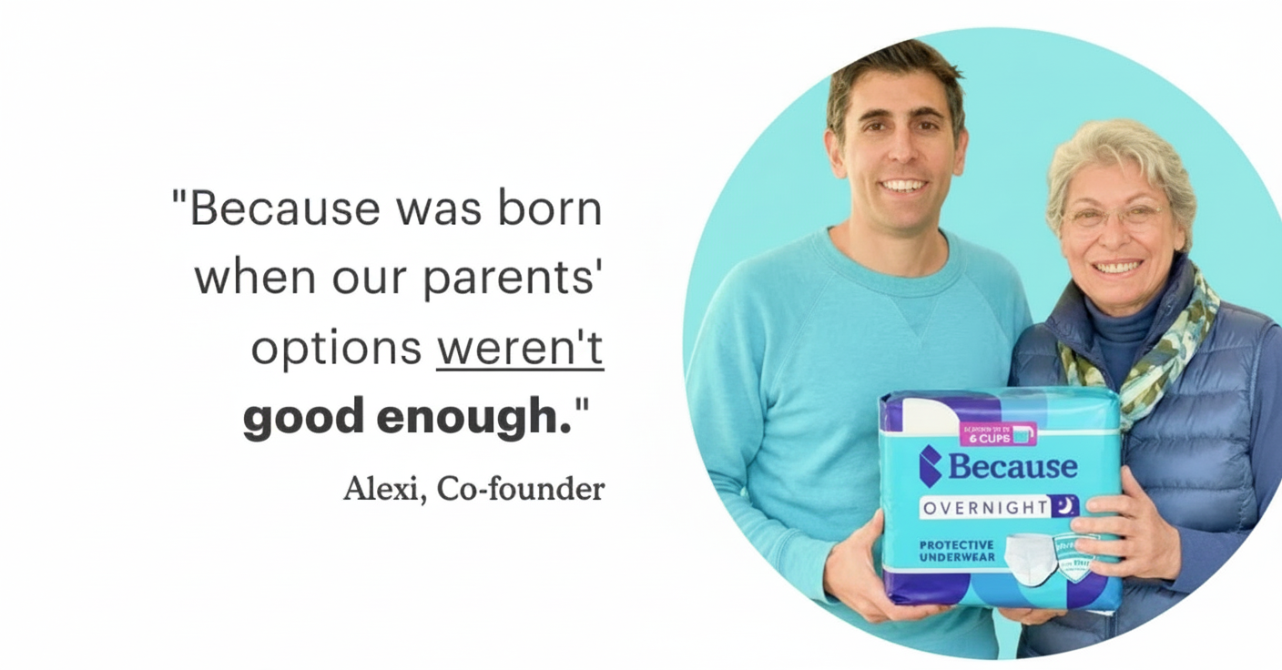 Alexi, co-founder, holds a package of Because Overnight Protective Underwear with his mother.