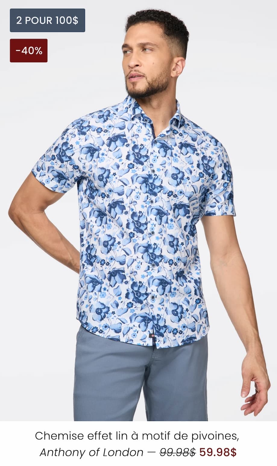 Chemise à effet lin à motif de pivoines
