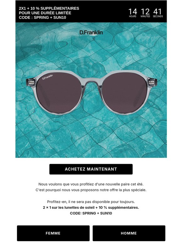 🕶️ 2X1 sur les lunettes de soleil + 10 % supplémentaires