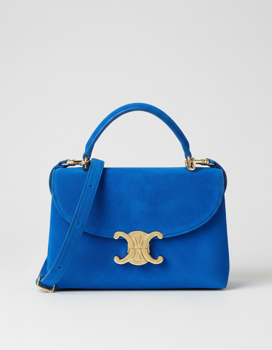 A blue handbag with a gold clasp and a detachable strap.
