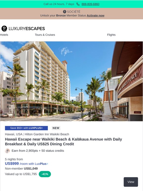 Hilton Hawaii Escape near Waikiki Beach w. Daily Breakfast & Daily US$25 Dining Credit