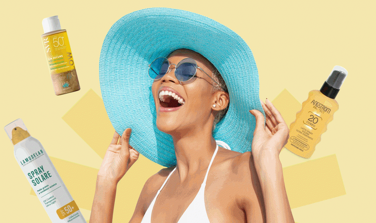 Smiling woman in turquoise sun hat and sunglasses on yellow sunburst background surrounded by assorted sunscreen bottles (SPF 20–50)