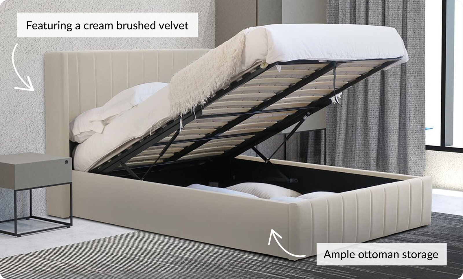 featuring a cream brushed velvet. Ample ottoman storage