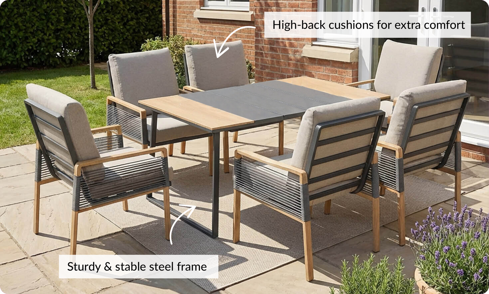 high-back cushions for extra comfort. Sturdy & stable steel frame