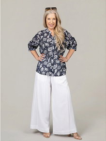 Sheer Elbow Sleeve Button Front Blouse