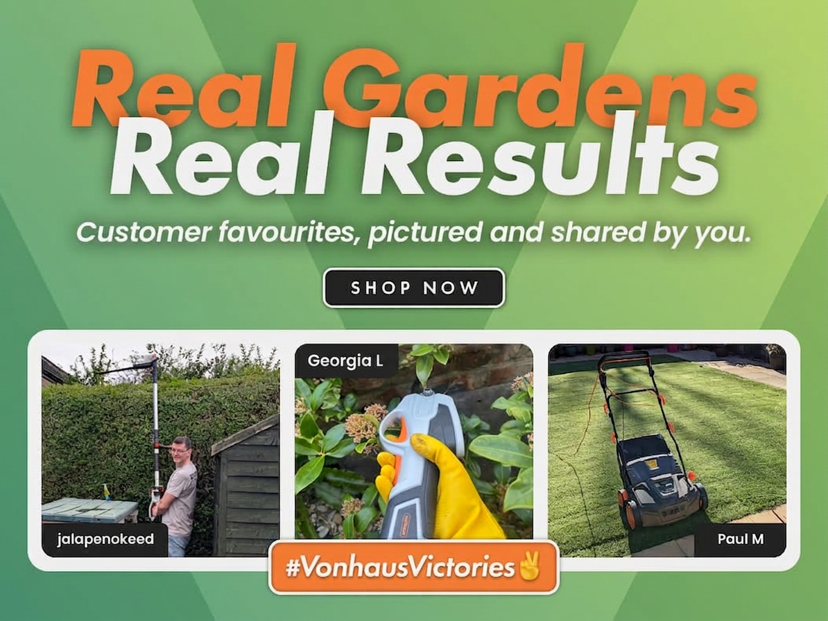 Image showcasing "Real Gardens, Real Results" with customer photos and a "Shop Now" button.