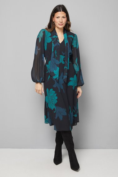 Black Floral Pussybow Tie Neck Midi Dress