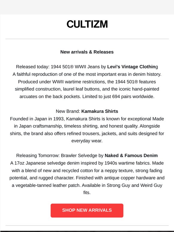 New Arrivals: 1944 WWII by LVC, Kamakura Shirts, Brawler Selvedge by N&F & more!