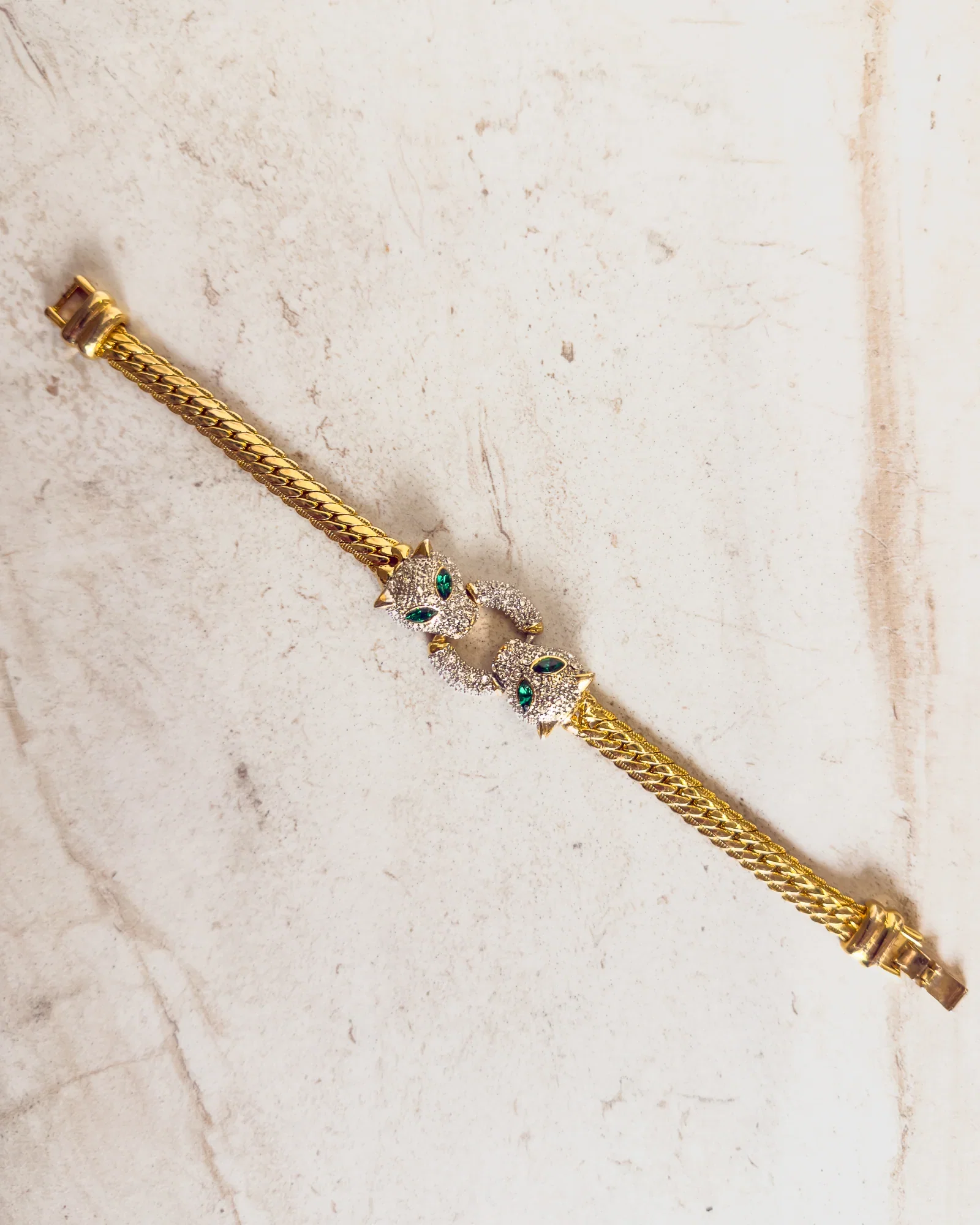 Image of Vintage Green Rhinestone Eye Double Headed Leopard Bracelet