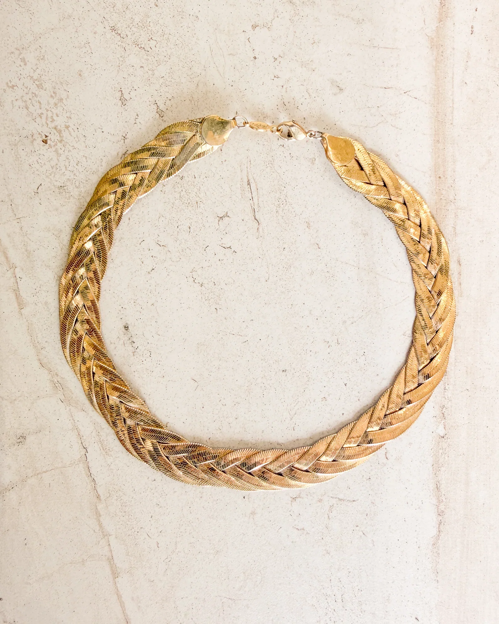 Image of Vintage Signed Fishtail Braided Herringbone Gold toned Necklace