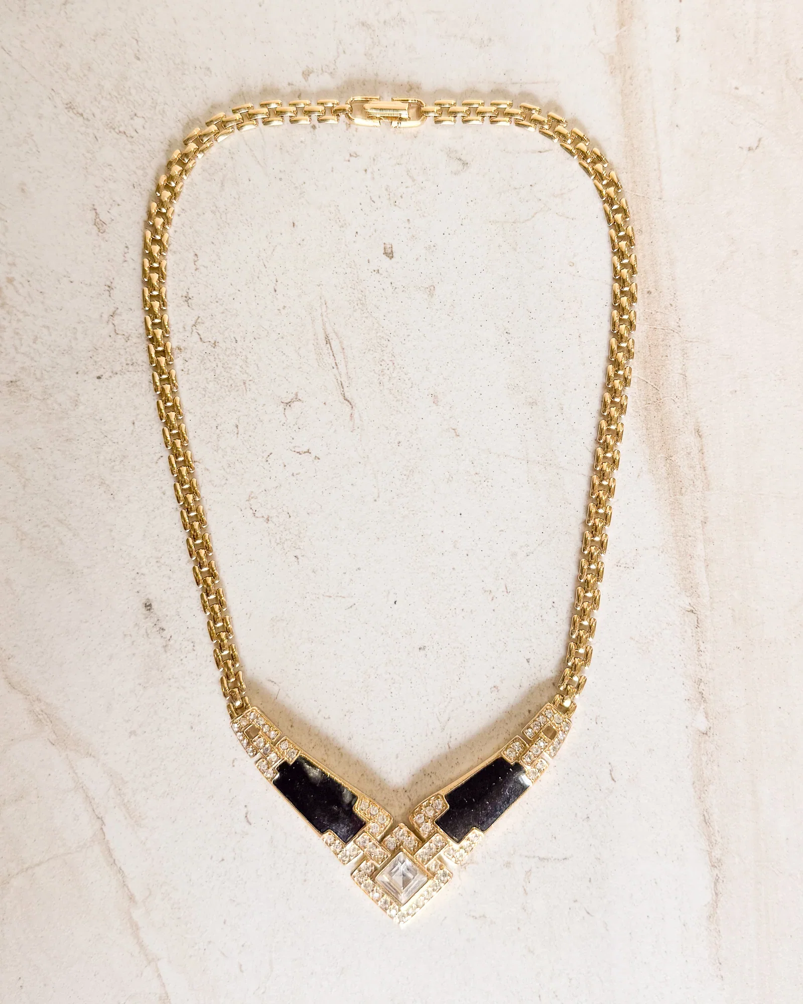 Image of Vintage Signed Black Enamel Gold Rhinestone Necklace