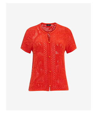 Cotton Open Stitch Crew Neck Keyhole Button Front Top