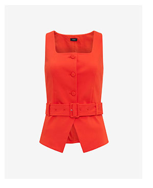 Stretch Cotton Square Neck Belted Blazer Vest
