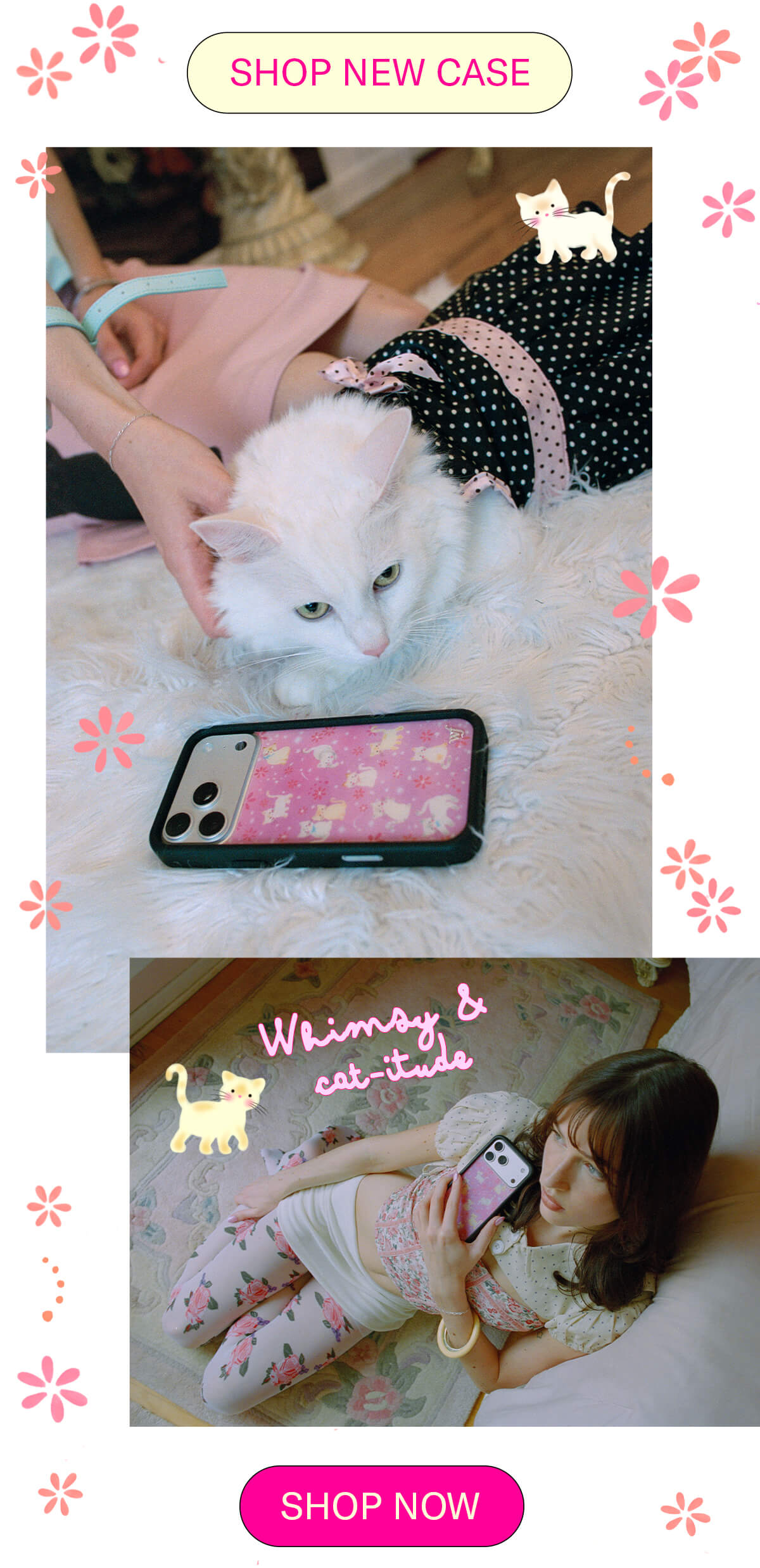 Whimsy & cat-itude // White cat lounging next to the Claire Drake x Wildflower pink cat-print phone case on a fur blanket, and model lying on the floor holding the case