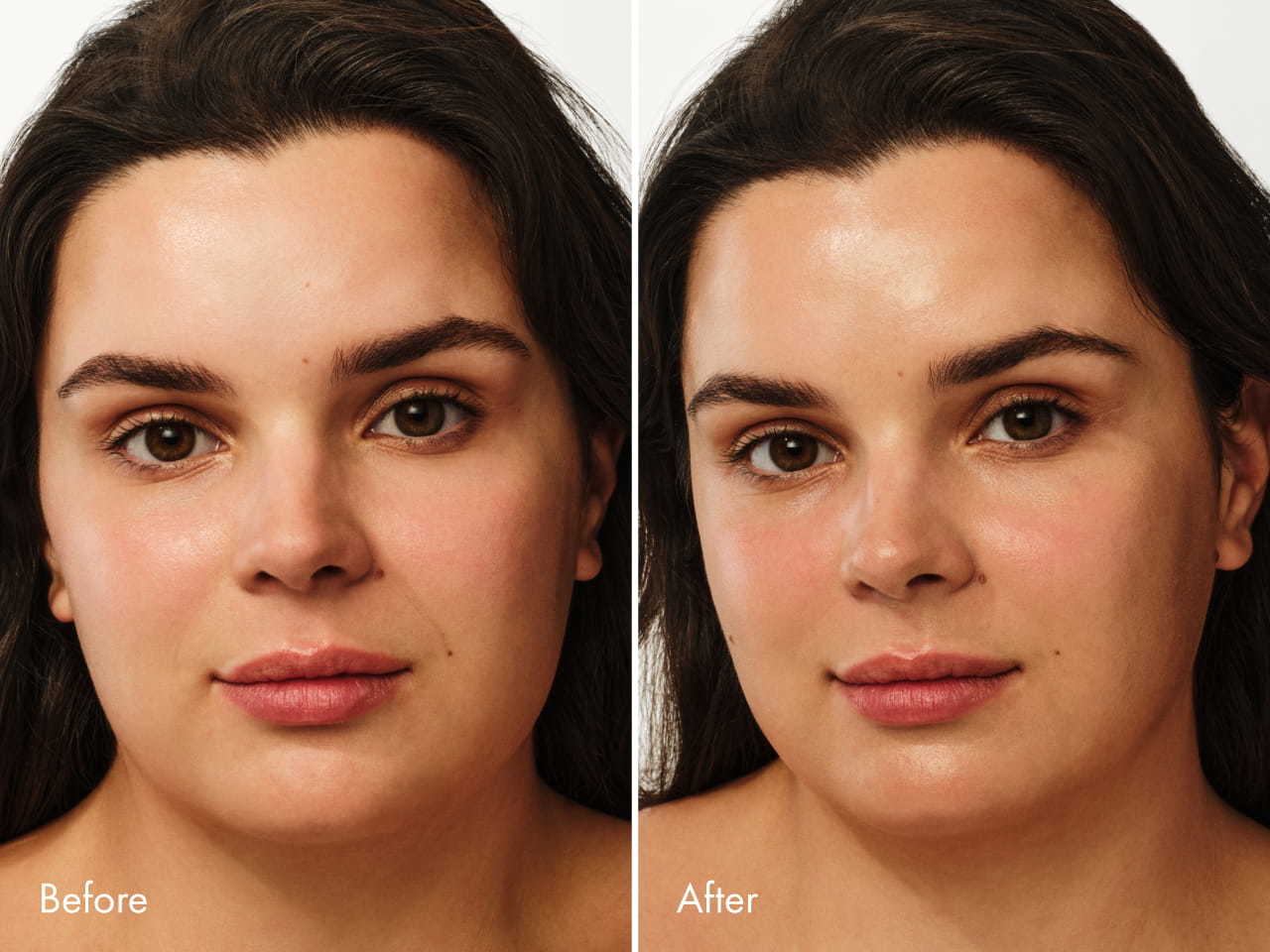 Side-by-side comparison of a woman's face before and after application of GinZing™ SPF 40 Tinted Moisturizer.