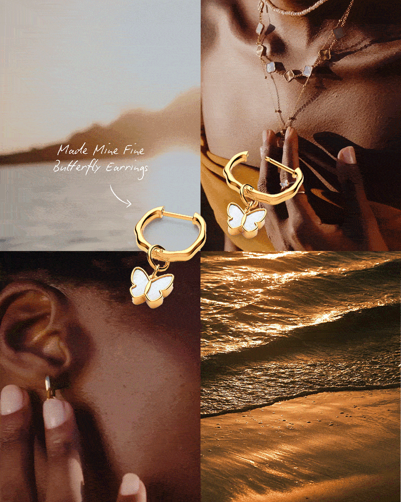 Fine Molten Mother of Pearl Butterfly Huggie Earrings (Gold)