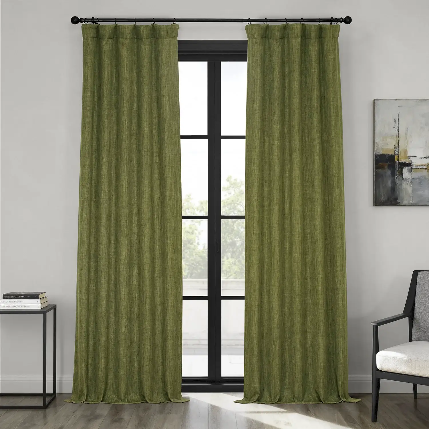 Image of Tuscany Green Textured Faux Linen Room Darkening Curtain