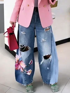 Image of Urban Ripped Wide Leg Pants Loose H-Line Long Trousers for Daily