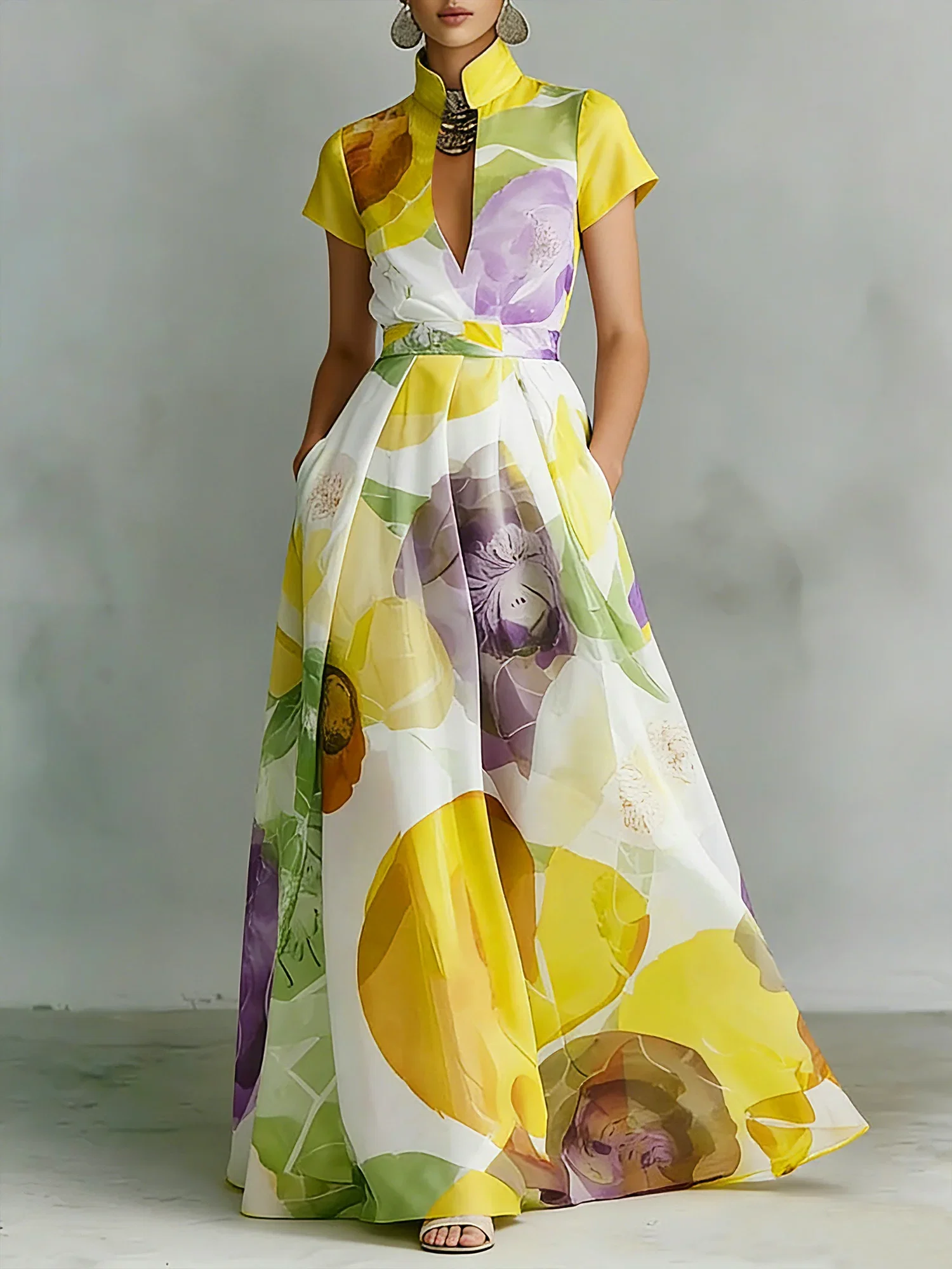 Image of Vacation Floral Printing Stand Collar Maxi Dress