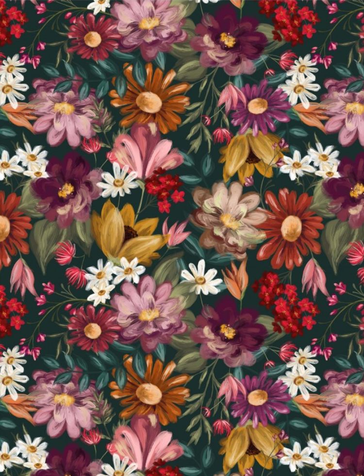 Minerva Exclusive Melissa Lowry Flores de Medianoche 100% Cotton Jersey Stretch Knit POD Fabric