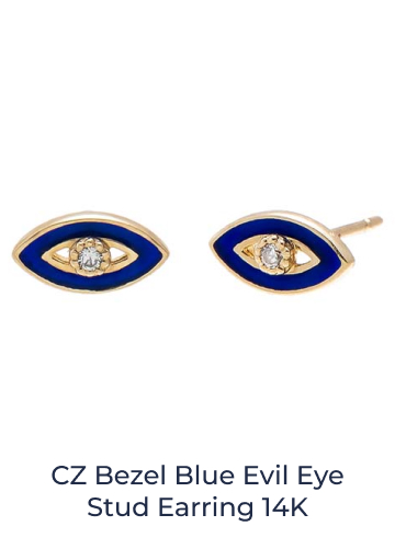 CZ Bezel Blue Evil Eye Stud Earring 14K
