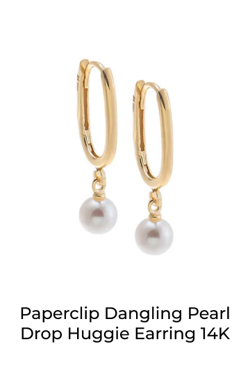 Paperclip Dangling Pearl Drop Huggie Earring 14K