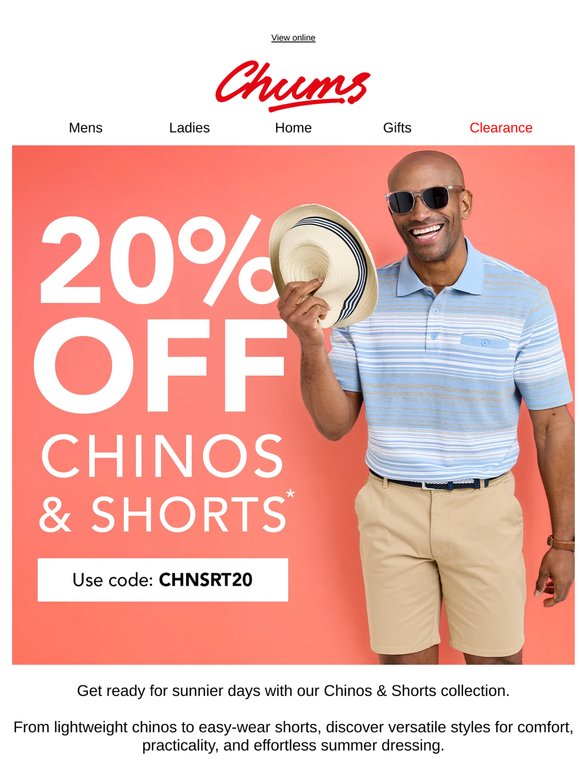 Enjoy 20% off Chinos & Shorts