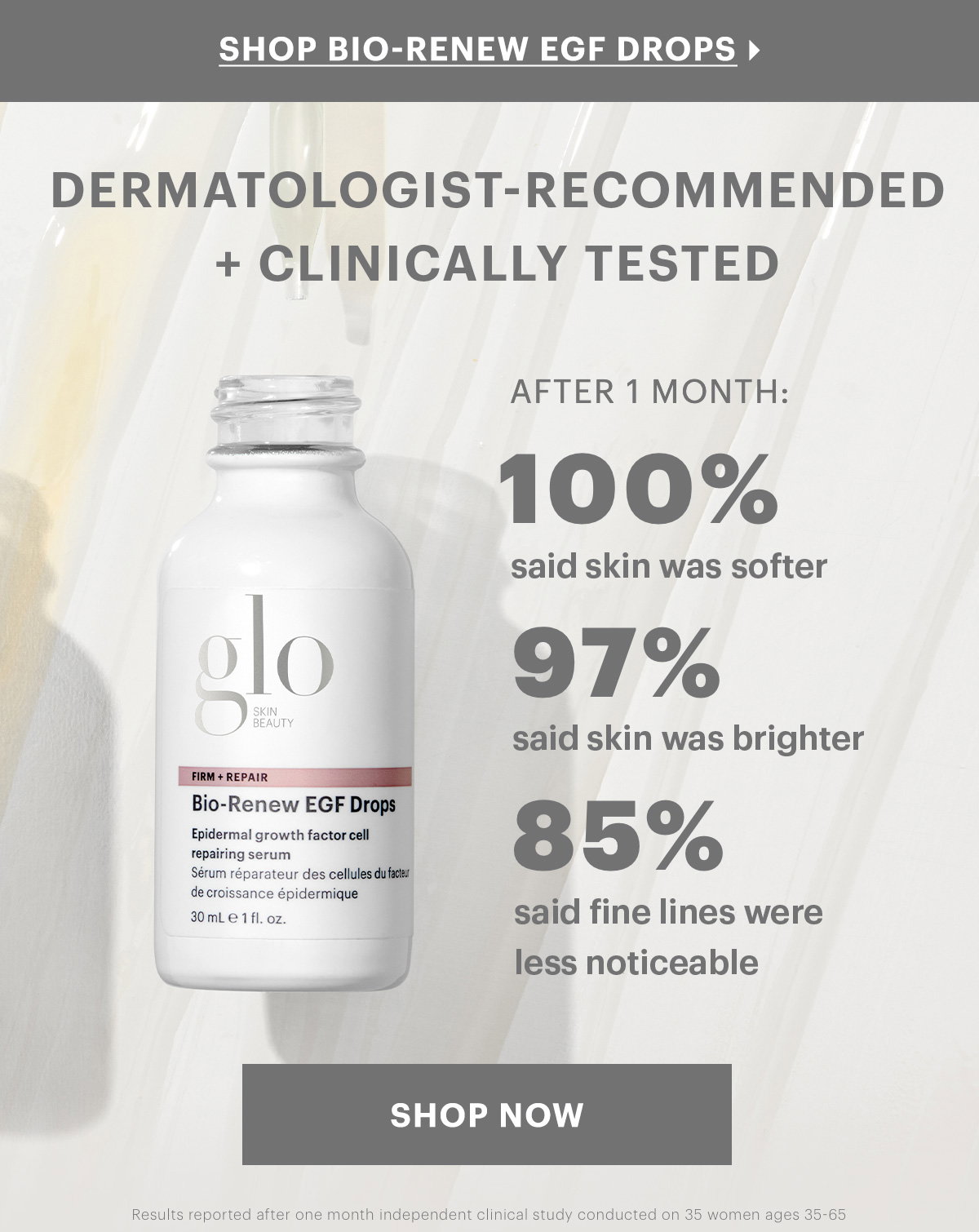 DERMATOLOGIST-RECOMMENDED + CLINICALLY TESTED AFTER 1 MONTH: 100% said skin was softer, 97% said skin was brighter, 85% said fine lines were less noticeable