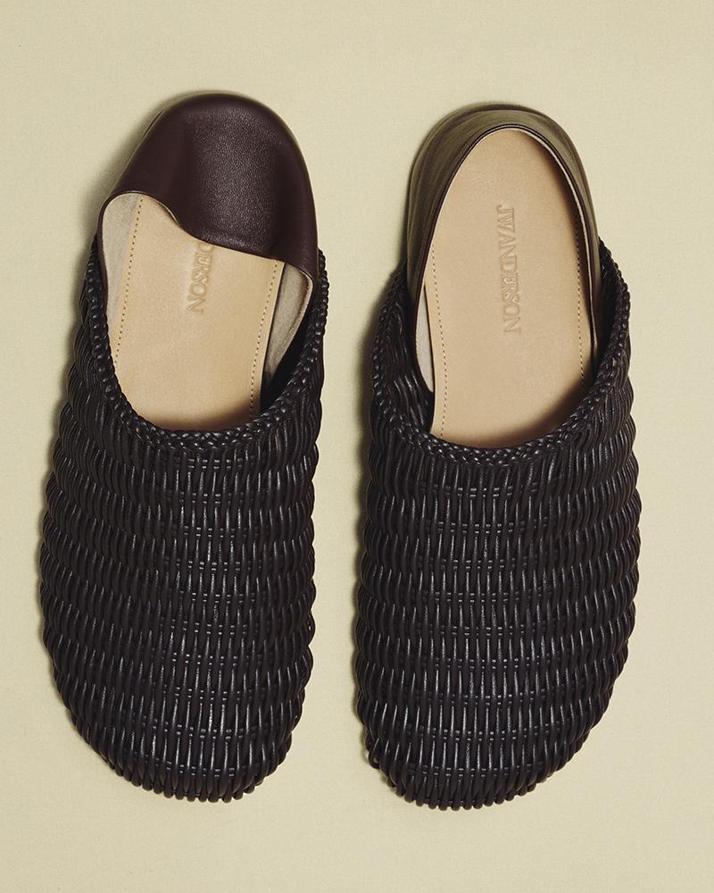 Mens slipper mules in chocolate brown woven leather