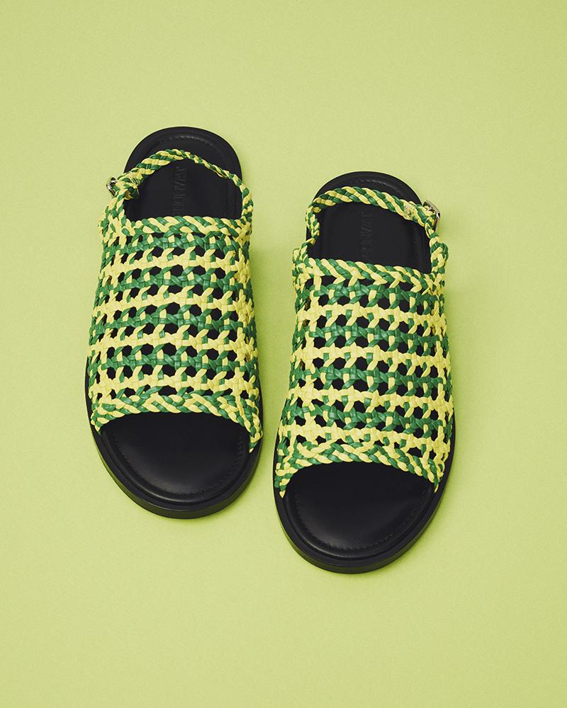 Womens woven leather sandal in green & bright yellow