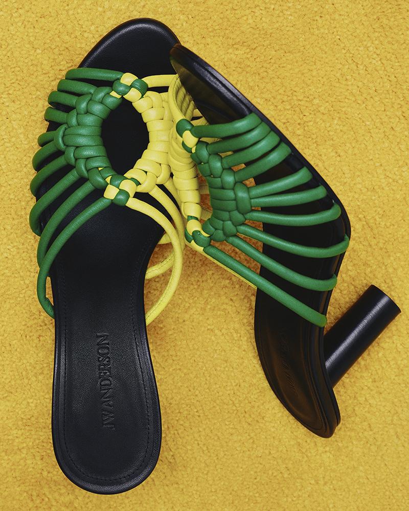 Womens woven heeled leather plot sandal in bright green & yellow